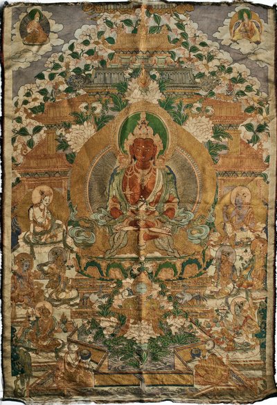 Amitabha (det rene landets buddha) - Tibetansk maleri, pigmenter og gull på stoff, slutten av 1800-tallet, 74x51 cm - (Amitayus Buddha Thangka, Tibetansk kultur, Pigmenter og gull på tekstil, Slutten av 1800-tallet) - Privat samling av School Tibetan