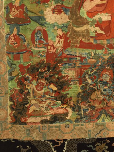 Detalj av tredje Panchen Lama Losan Penden Yeshe (gouache på tøy) av School Tibetan
