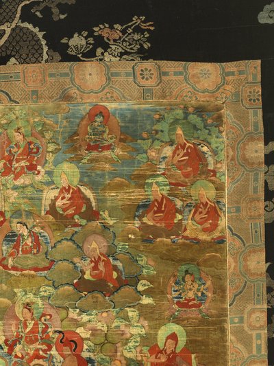 Detalj av tredje Panchen Lama Losan Penden Yeshe (gouache på tøy) av School Tibetan