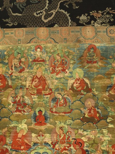 Detalj av tredje Panchen Lama Losan Penden Yeshe (gouache på tøy) av School Tibetan