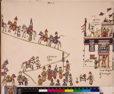 Illustrasjon av en del av en bryllupsseremoni: bruden blir hentet hjemme hos seg, ca. 1844–62 (pigmenter på papir) av School Tibetan