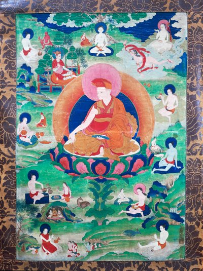 Lama Rjegrags Rtod Iha-pa-padbang Graps med glorie og omkranset av tallrike mahasiddha (yogier), levde i India og Tibet (7.-11. århundre), Gouache på lerret av School Tibetan