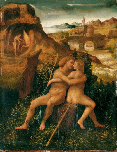 Venus og Mars i et elvelandskap med Vulcan arbeider i smia sin, ca. 1500 (olje på panel) av School Venetian