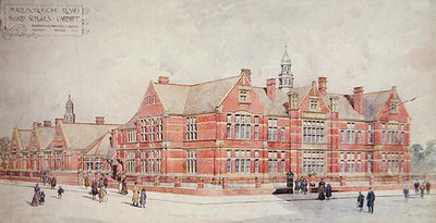 Marlborough Road Board Schools, Cardiff, tidlig på det tjuende århundre (farge litho) av School Welsh
