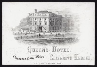 Byttekort for Queen's Hotel, Llandudno, Nord-Wales (gravering) av School Welsh