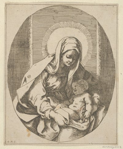 Jomfruen holder spedbarnet Kristus på fanget, en oval komposisjon, etter Reni, 1620-50., 1620-50. av School of Guido Reni