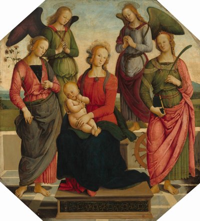 Madonna og barn med to engler, Saint Rose og Saint Catherine of Alexandria, tidlig på 1500-tallet av School of Perugino