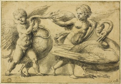 Putti leker med svaner av School of Raphael