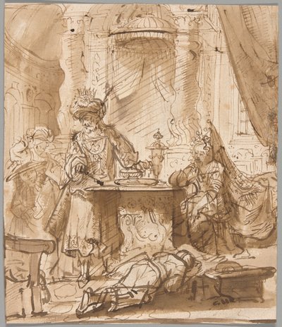 Fornedrelsen av Haman før Ahasverus og Ester av School of Rembrandt van Rijn