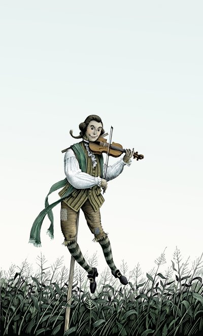 Barokkfiolinfugleskremsel, 2006 (skrapebrett, digitalt fargelagt) av Scott McKowen