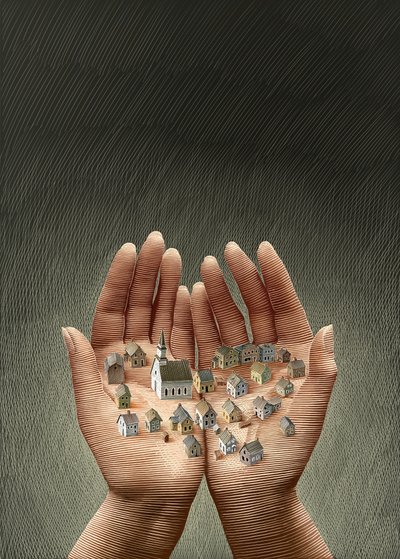 Byen vår, 2013 (skrapebrett, digitalt fargelagt) av Scott McKowen