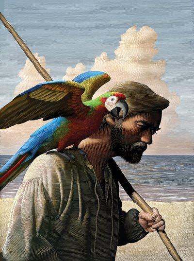 Robinson Crusoe, 2011 (skrapebrett, digitalt fargelagt) av Scott McKowen