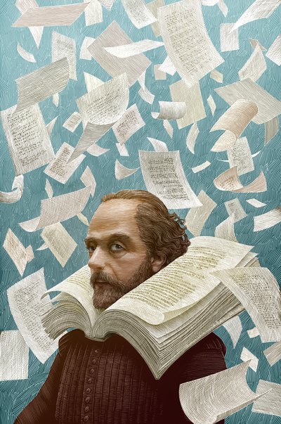 Shakespeares verk, 2015 (skrapebrett, digitalt fargelagt) av Scott McKowen