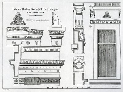 Arkitektoniske detaljer om Grecian Chambers, 336-356 Sauchiehall Street, Glasgow, designet av Alexander Greek Thomson, 1869 av Scottish School