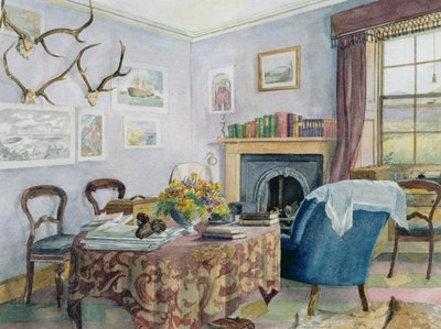 Tegnestueinteriør i et landsted i Skottland, ca. 1850 (wc på papir) av Scottish School