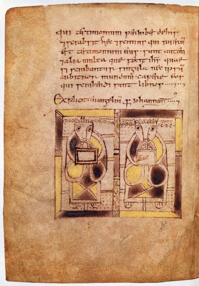 Fru 11.6.32. To figurer av geistlige fra St. Johns Gospel, fra Book of Deer av Scottish School