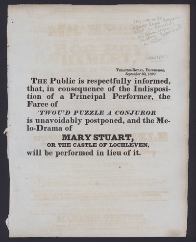 Melding om endring av den fakturerte forestillingen på Theatre Royal, Edinburgh, 30. september 1829 (litho) av Scottish School
