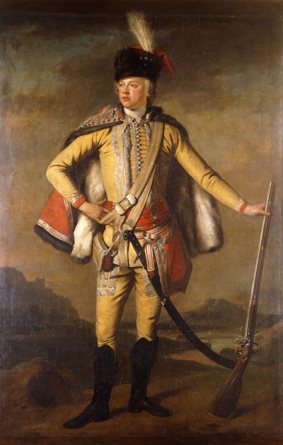 Portrett av John Lindsay, 20. jarl av Crawford og Lindsay, i full lengde, i Hussar Uniform, med en Flintlock-muskett, et landskap utenfor, ca. 1745 av Scottish School