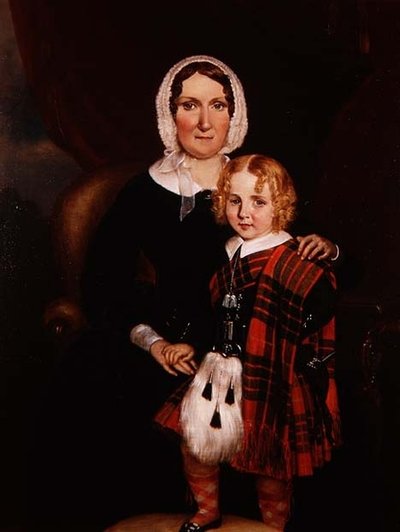Portrett av en skotsk kvinne med sin unge sønn i høylandskjole, ca. 1860 (olje på lerret) av Scottish School