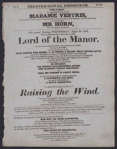 Teaterprogram for Theatre Royal, Edinburgh, 20. august 1823 (litho) av Scottish School
