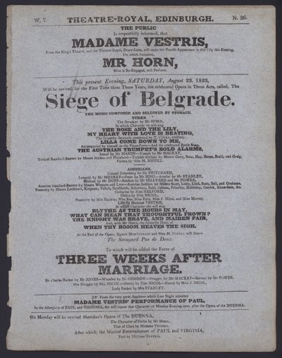 Teaterprogram for Theatre Royal, Edinburgh, 23. august 1823 (litho) av Scottish School