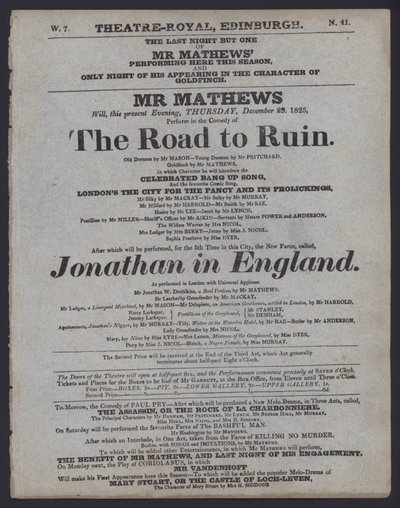 Teaterprogram for Theatre Royal, Edinburgh, 29. desember 1825 (litho) av Scottish School