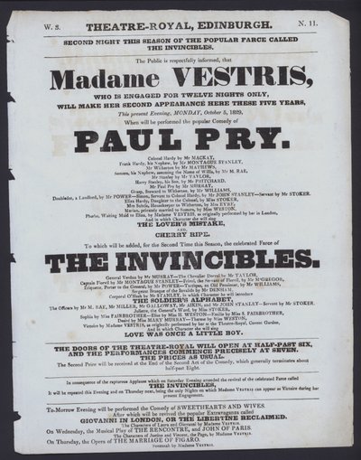 Teaterprogram for Theatre Royal, Edinburgh, 5. oktober 1829 (litho) av Scottish School