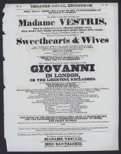 Teaterprogram for Theatre Royal, Edinburgh, 6. oktober 1829 (litho) av Scottish School