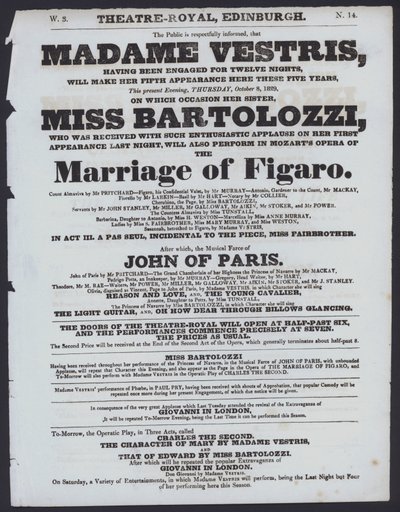Teaterprogram for Theatre Royal, Edinburgh, 8. oktober 1829 (litho) av Scottish School