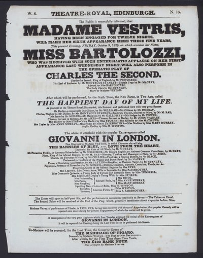 Teaterprogram for Theatre Royal, Edinburgh, 9. oktober 1829 (litho) av Scottish School