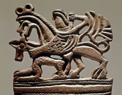 Art Scythian (skytisk eller skytisk sivilisasjon): Apollo på en griffin - 4. århundre f.Kr. - Bronsetankpynt - Eremitagemuseet, St. Petersburg av Scythian