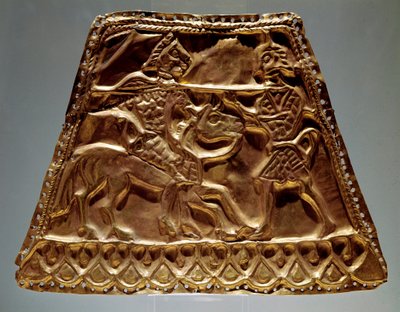 Gyldent ark som viser en rytter som angriper en kriger med et spyd (skytisk kunst, 5.-3. århundre f.Kr.) av Scythian