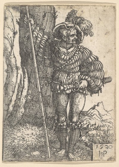 Et Lansquenet stående ved et tre, 1520. av Sebald Beham