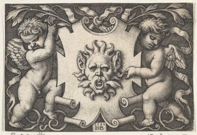 A Mask on a Escutcheon Supported by Two Genii, 1544. av Sebald Beham