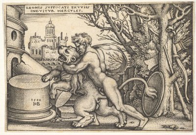 Hercules, i profil, dreper Nemean-løven med armen rundt halsen, fra 