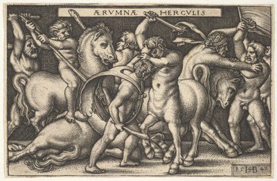Hercules med klubben sin i sentrum kjemper mot en kentaur, andre menn kjemper mot kentaurer til venstre for en..., 1542. av Sebald Beham