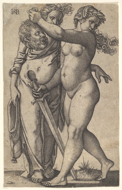 Judith går til venstre med hodet til Holofernes i høyre hånd og et sver..., ca. 1530-50. av Sebald Beham