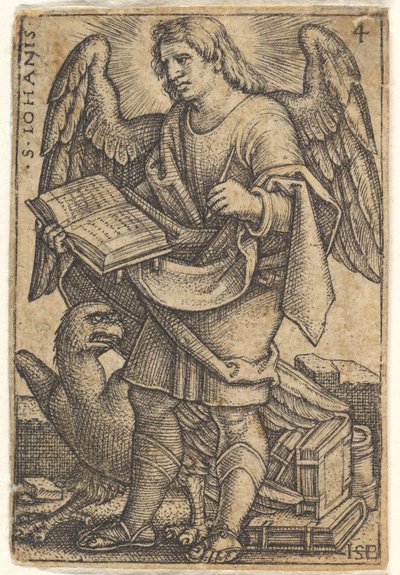 Plate 4: Saint John med hodet vendt tre fjerdedeler til venstre, med en bok i ri..., 1541. av Sebald Beham