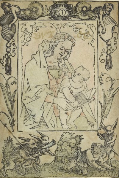 Jomfruen og barnet omgitt av en grense med en jeger og noen kaniner, 1500-tallet av Sebald Beham