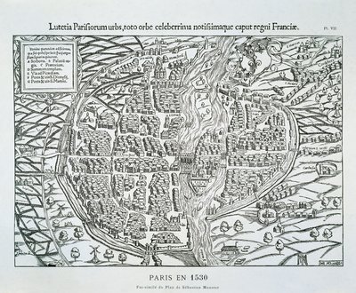 Paris byplan ca. 1530 (tregravering) av Sebastian (after) Münster