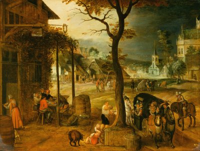 Landsby med reisende som tar forfriskninger på et vertshus (olje på lerret) av Sebastian (follower of) Vrancx