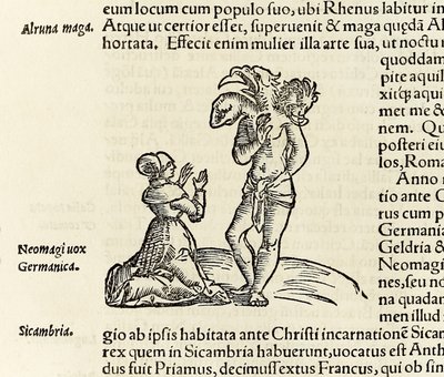 En heks tilkaller en trehodet demon, fra 1550-utgaven av 