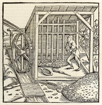 Gruvedrift med vannhjul, fra 1550-utgaven av 
