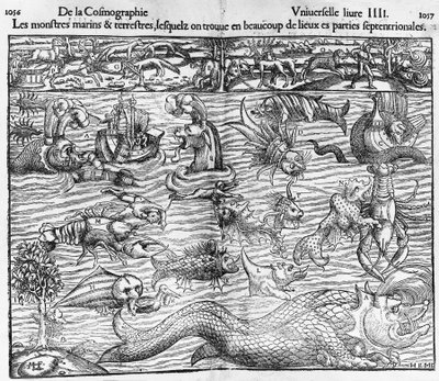 Hav- og landmonstre, illustrasjon fra Cosmographia Universalis, av Sebastian Munster (1489-1552) av Sebastian Munster