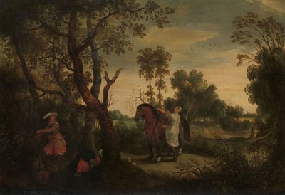 En kvinne stiger opp på røverhesten sin: #39;De Gestrafte Rover#39;, ca. 1635 (olje på panel) av Sebastian Vrancx