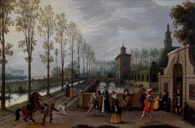 Et elegant selskap som promenerer utenfor et palass av Sebastian Vrancx