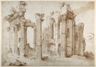 Kolumnerte ruiner av Minerva-tempelet, Forum of Nerva, Roma (penn og brunt blekk med vask på papir) av Sebastian Vrancx