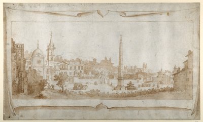 Design for en frontispice med utsikt over Roma inne i Porta del Popolo og utsikt over Pincio (penn og blekk med vask på papir) av Sebastian Vrancx
