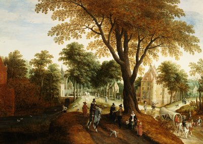 Elegante ryttere og figurer på en sti foran et slott av Sebastian Vrancx