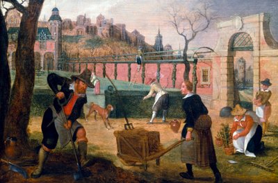 Gartnere i arbeid i en formell hage i utkanten av en by. Maleri av Sebastian Vrancx (1573–1647). Privat samling. av Sebastian Vrancx